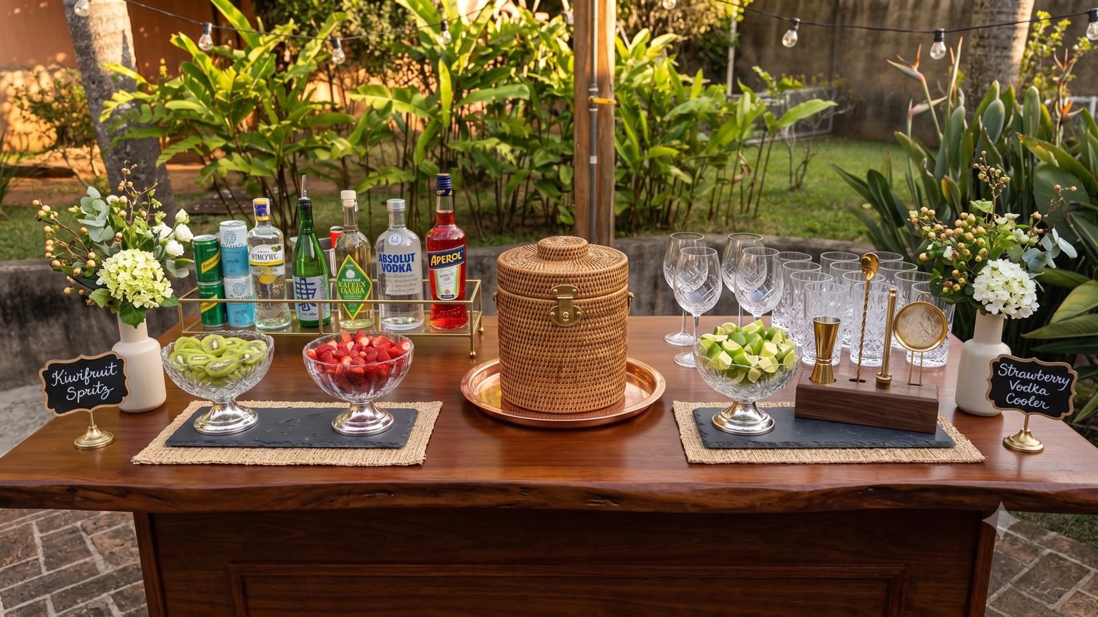 Bar montado em jardim com bebidas premium
